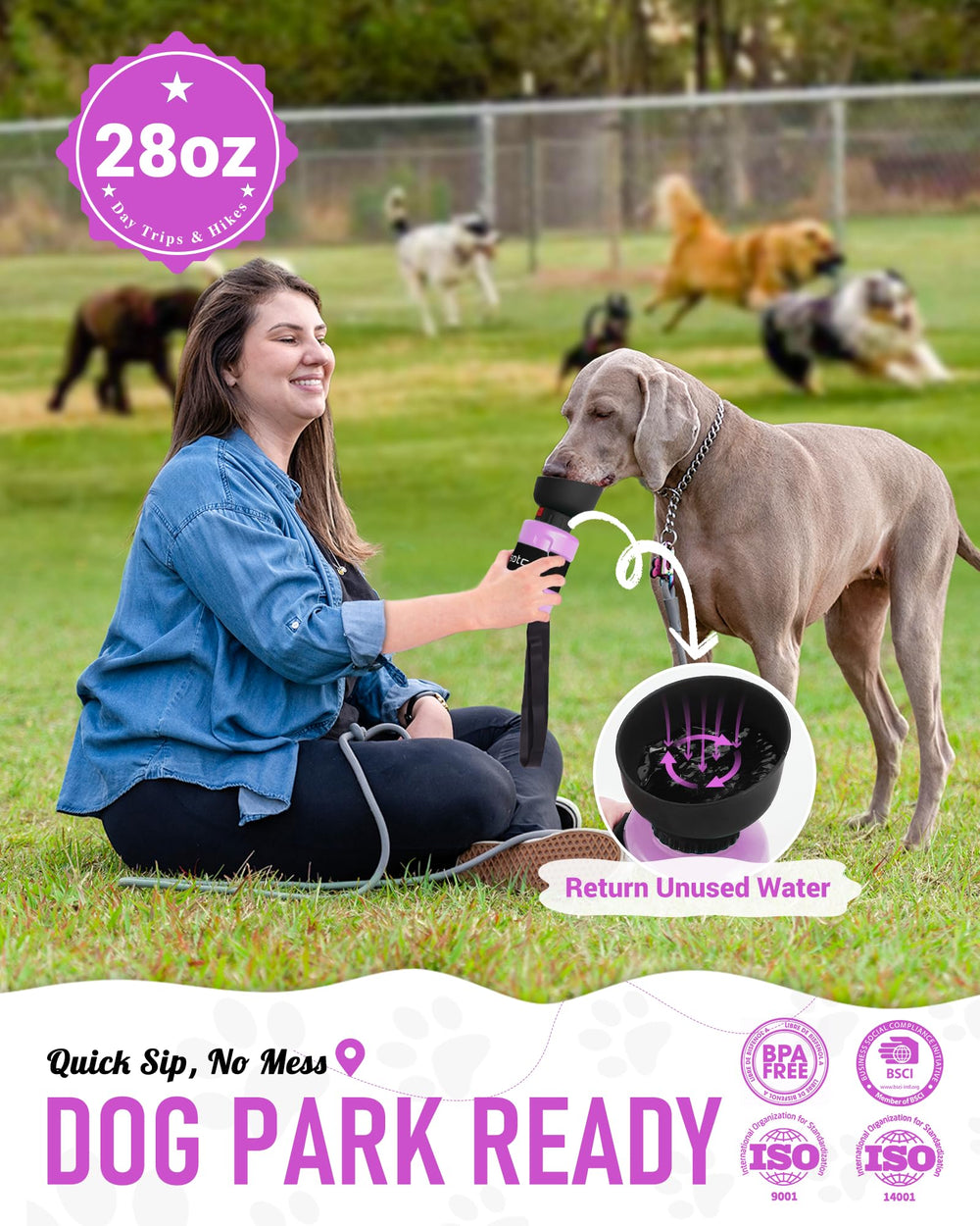 lesotc dog water bottle with its fold-cap opened as a bowl.