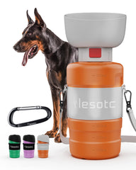 lesotc dog water bottle shown from the front with its integrated drinking bowl.