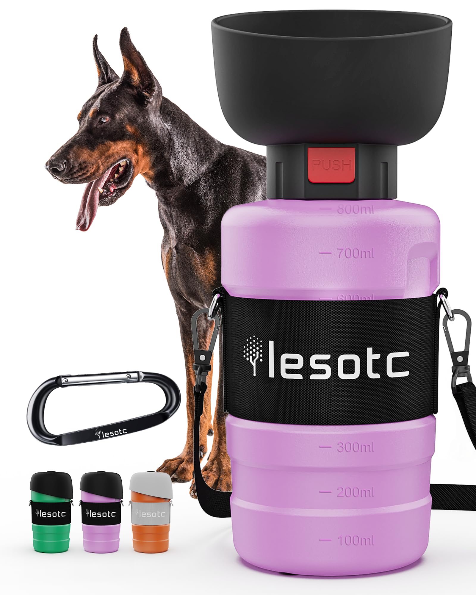 lesotc dog water bottle shown from the front.