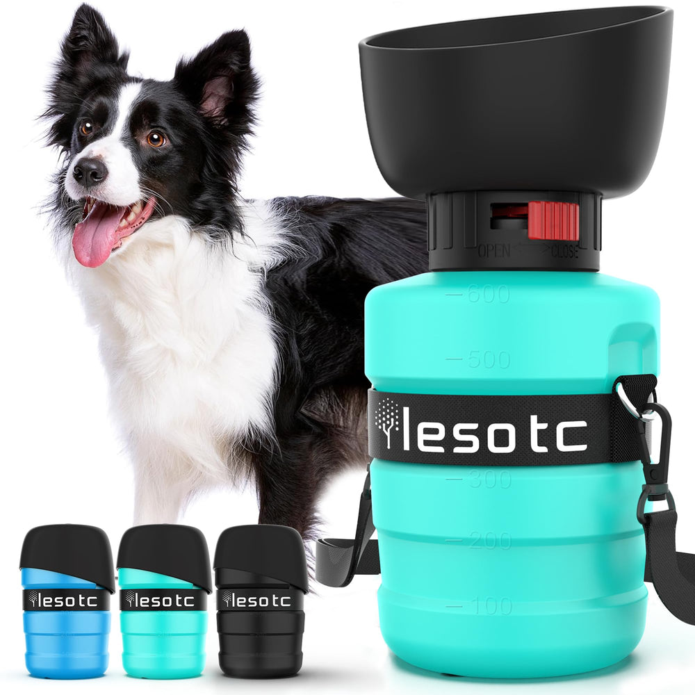 lesotc Dog Water Bottle shown from the front with its fold-cap bowl.