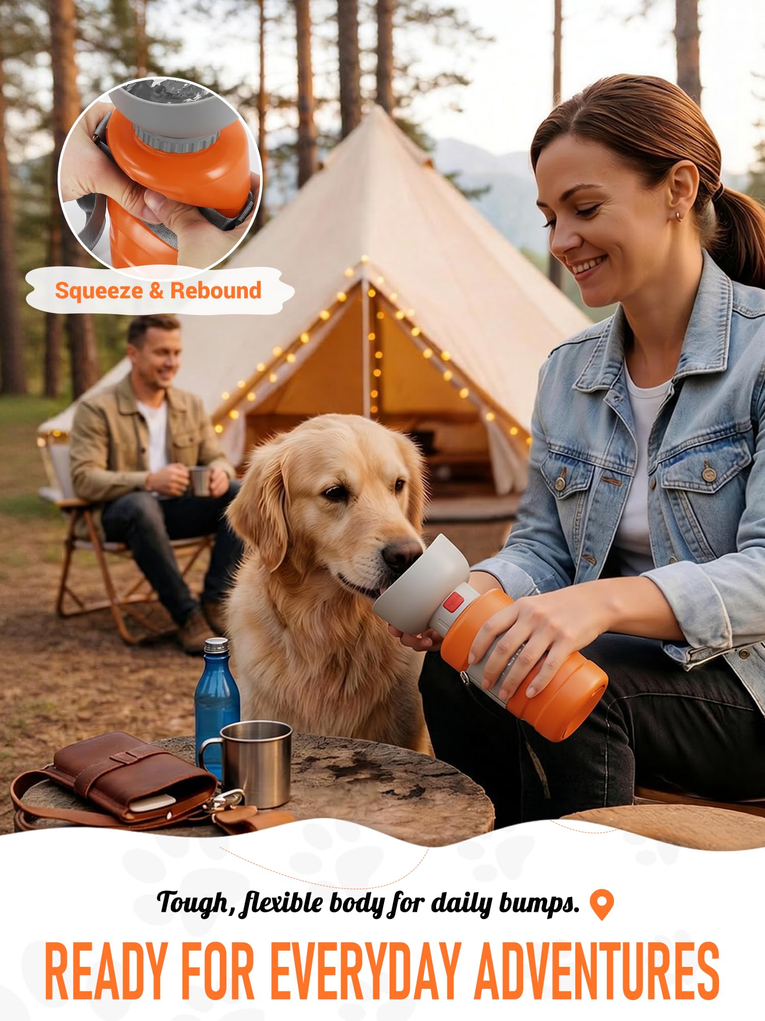 lesotc dog water bottle shown in use for offering a dog water outdoors.