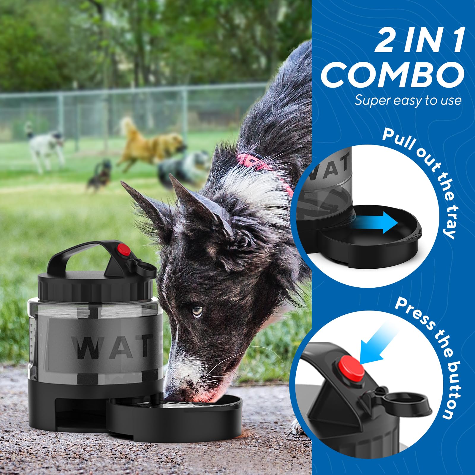 lesotc dog water bottle with its pull-out drinking bowl extended.