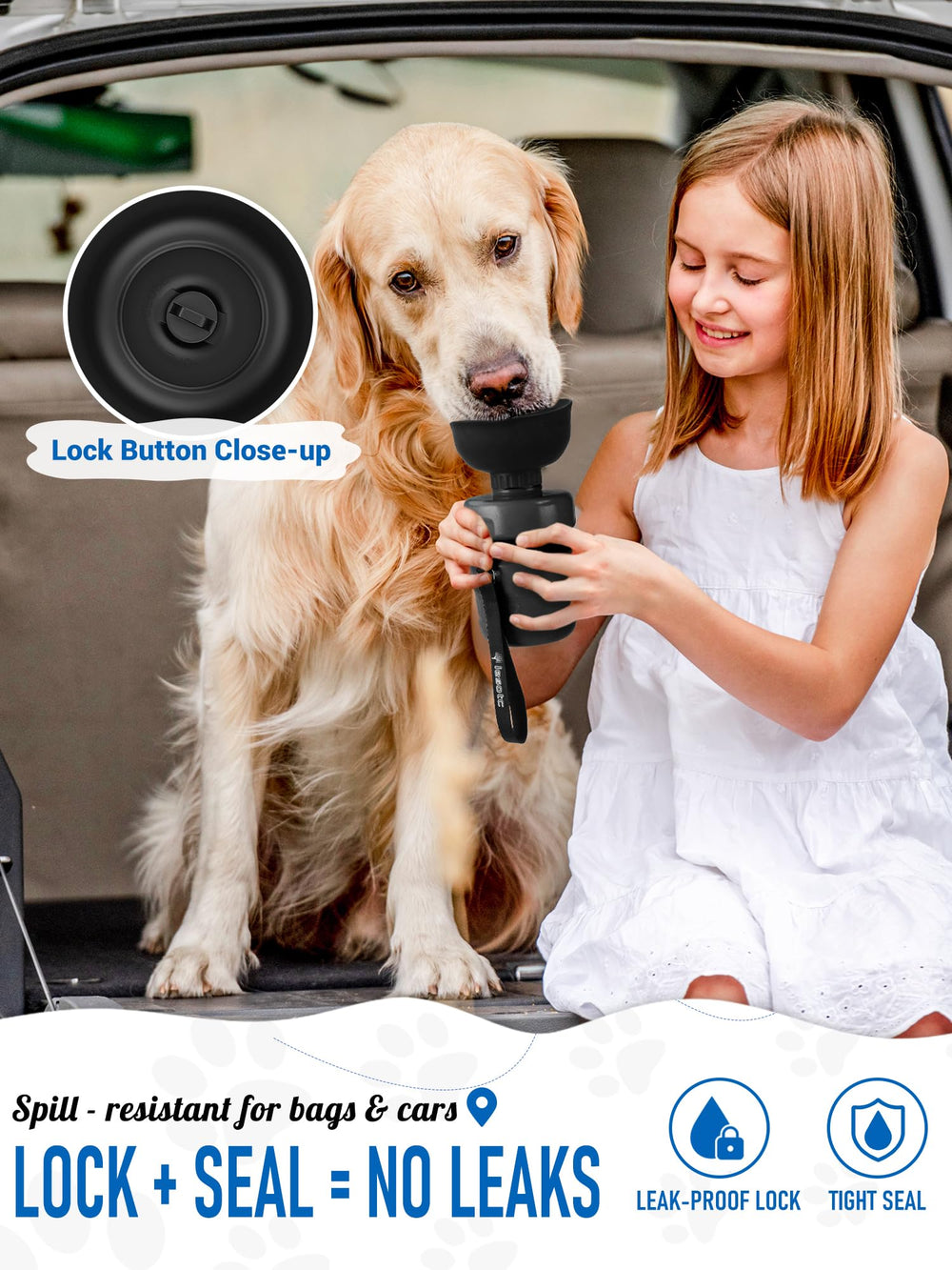 lesotc Dog Water Bottle with a close view of the push-button lock.