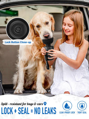lesotc Dog Water Bottle with a close view of the push-button lock.