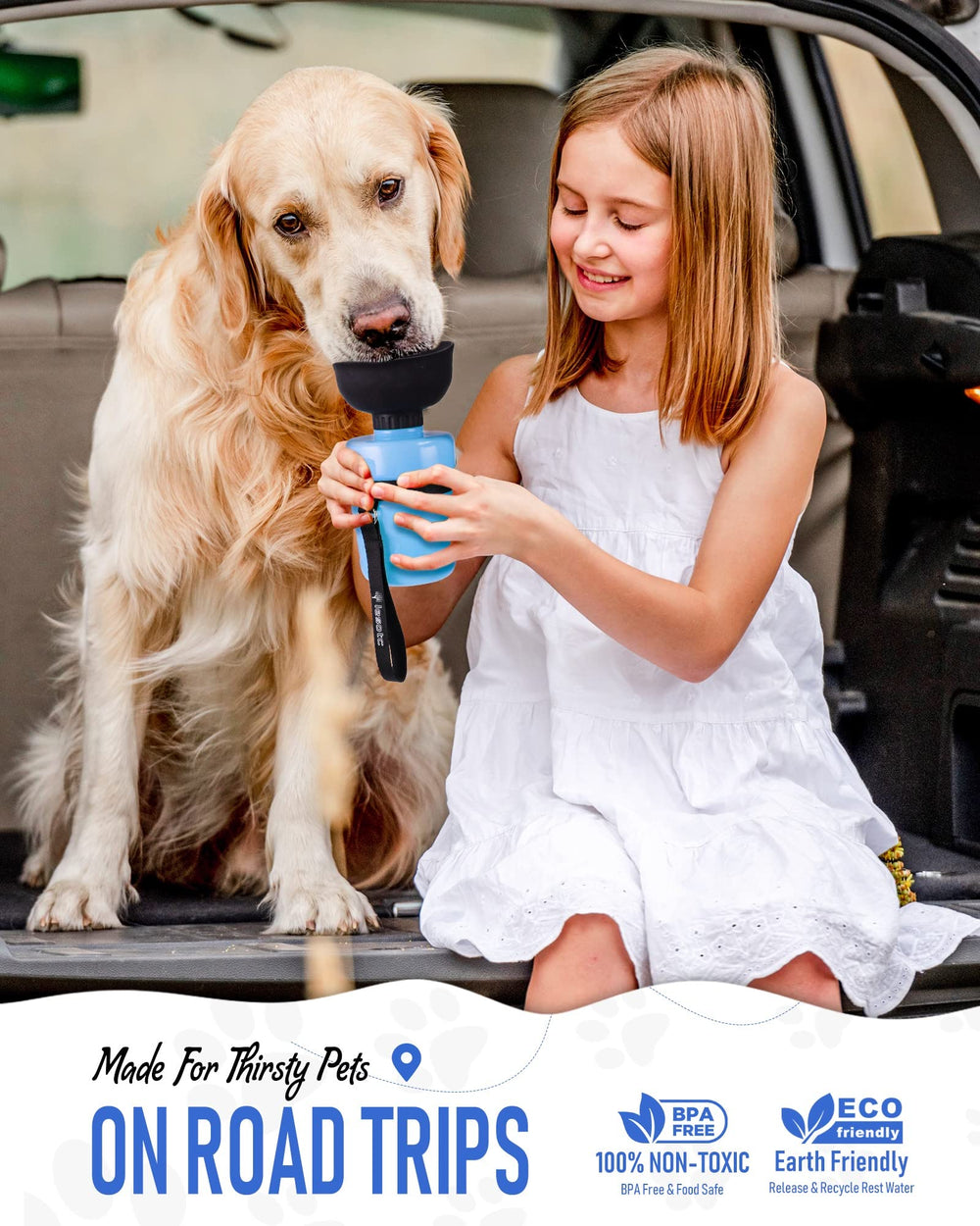 lesotc dog water bottle dispensing water into its built-in bowl.