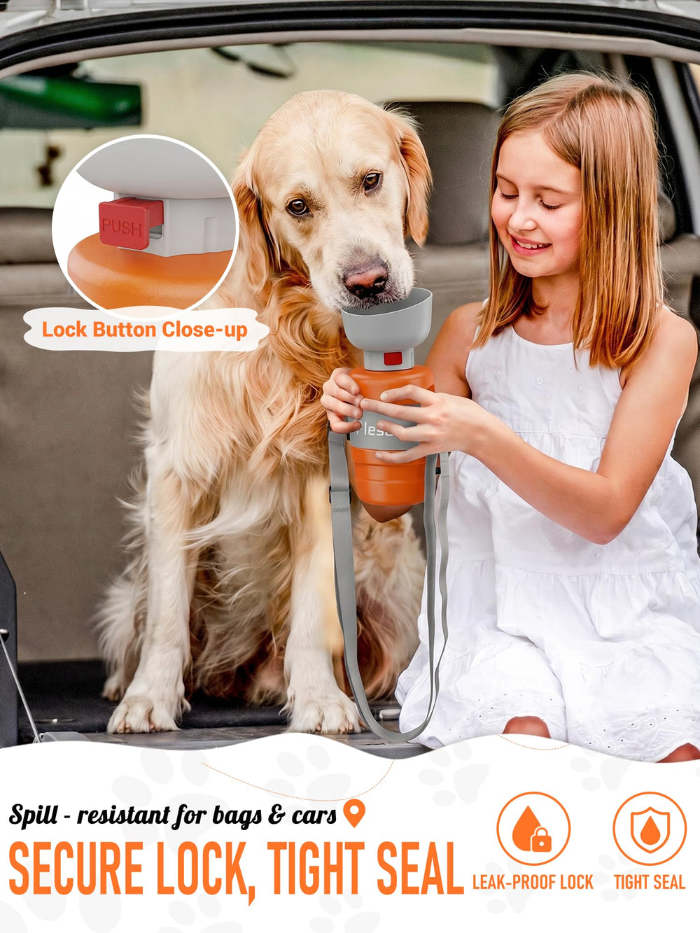 lesotc dog water bottle with its included wrist strap and carrying buckle.