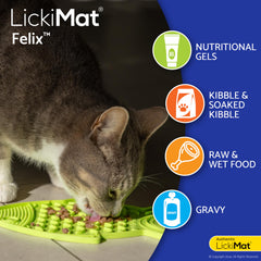 LICKIMAT cat slow feeder with food settled into its textured surface.