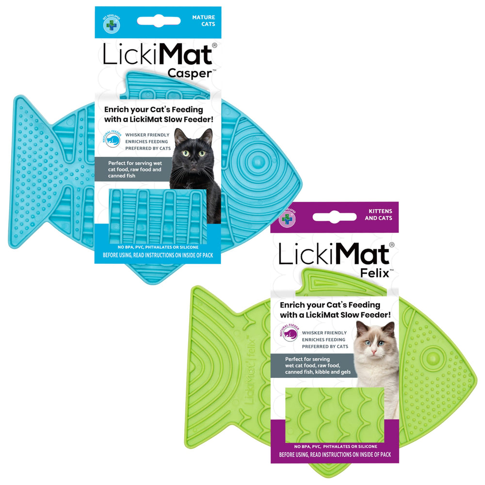 LICKIMAT cat slow feeder shown from the front in its fish-shaped design.