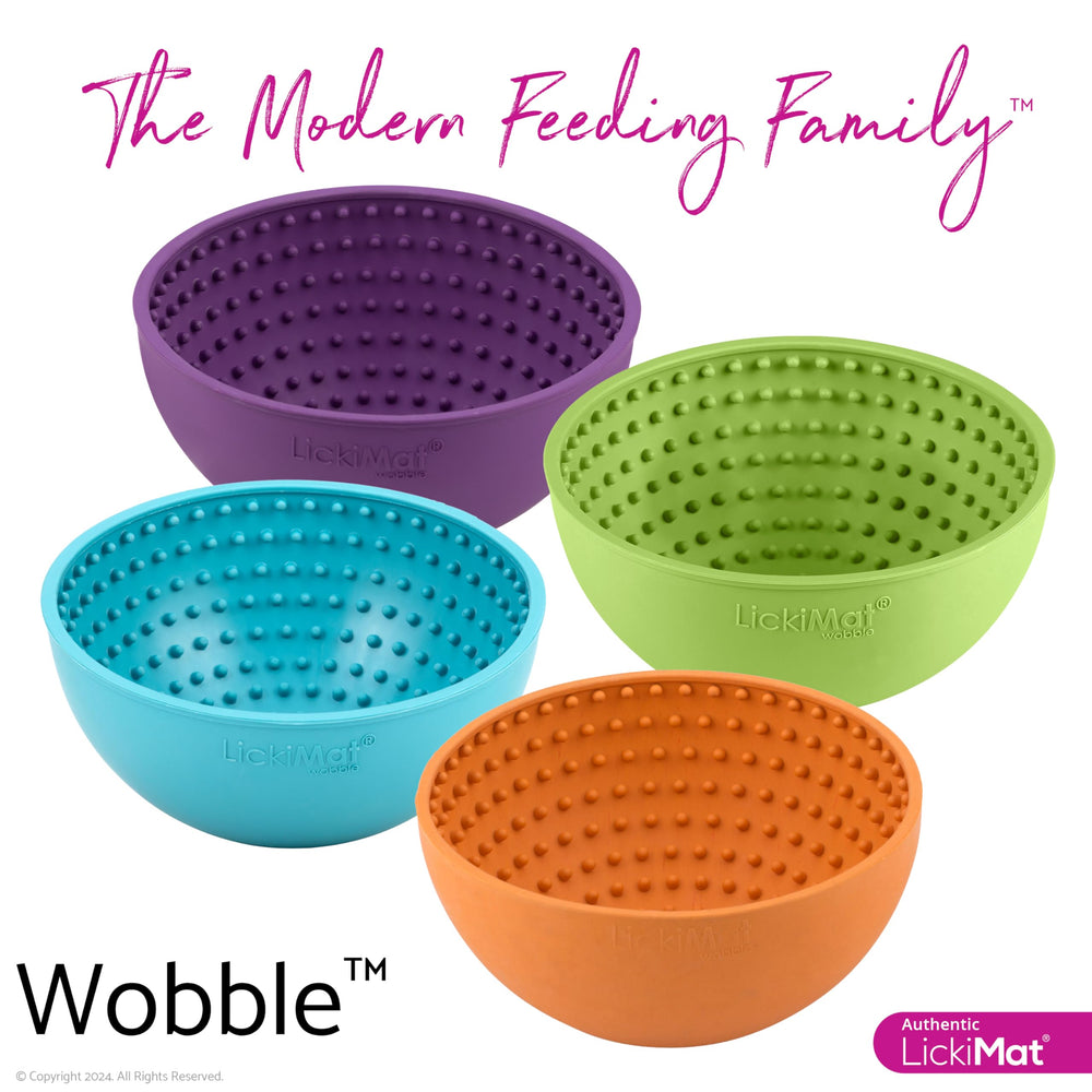 Yogurt served on the purple LICKIMAT Wobble dog lick mat.