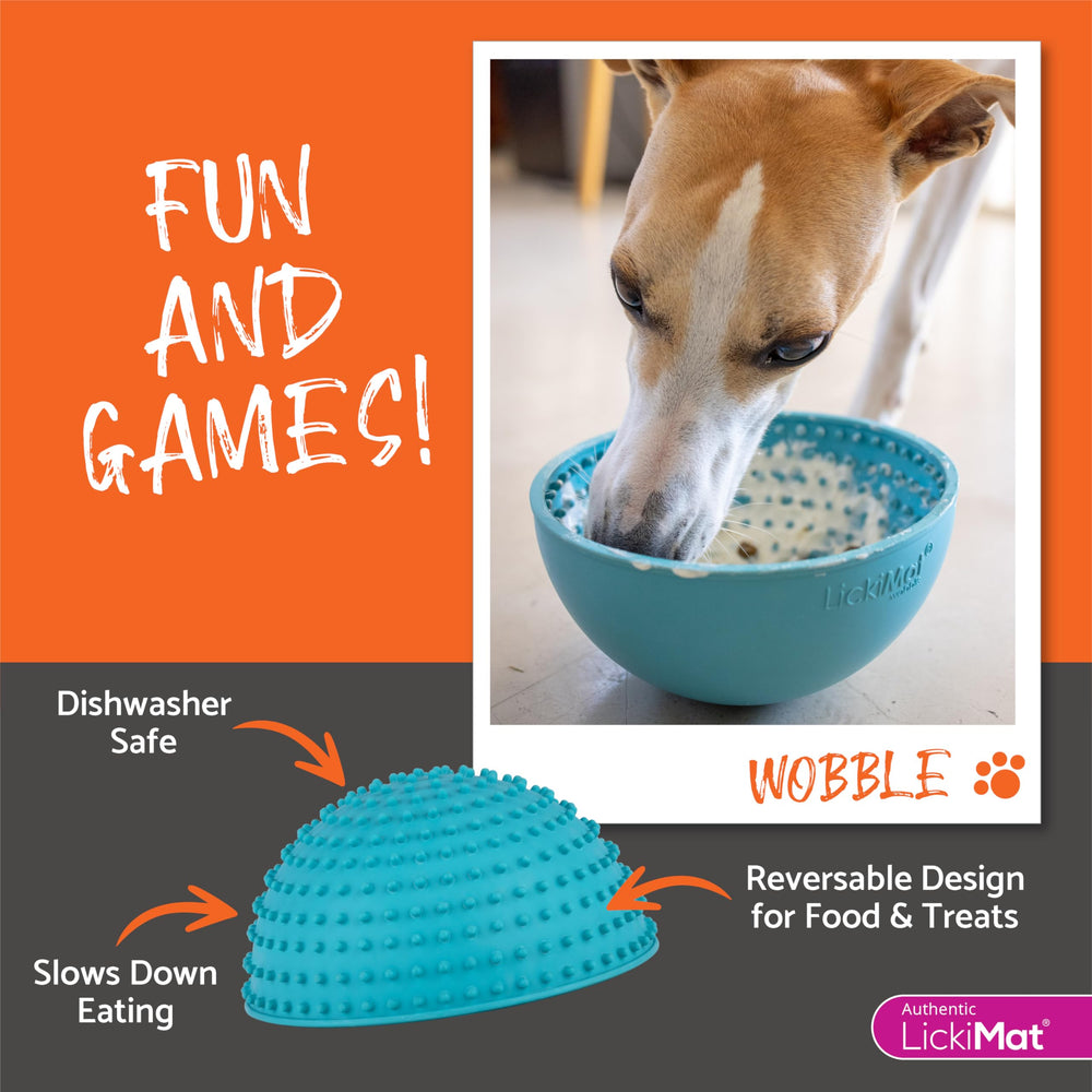 LICKIMAT Wobble dog bowl shown with food and a lickable treat.