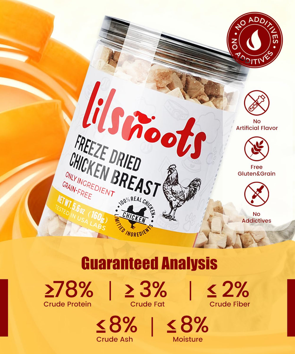LILSNOOTS freeze-dried chicken dog and cat treats shown with their chicken ingredient.