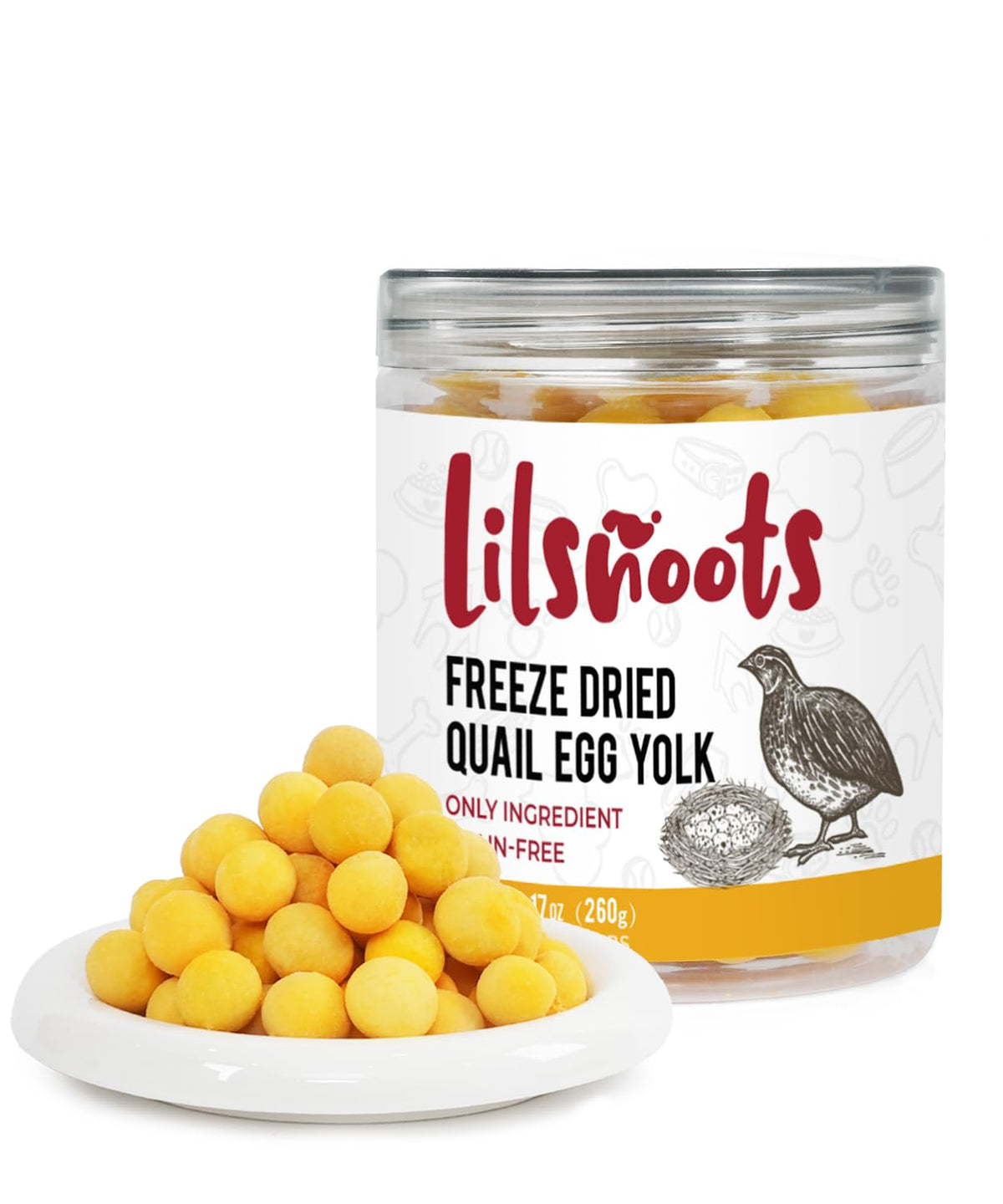 LILSNOOTS quail egg yolk cat and dog treats in the jar, shown from the front.