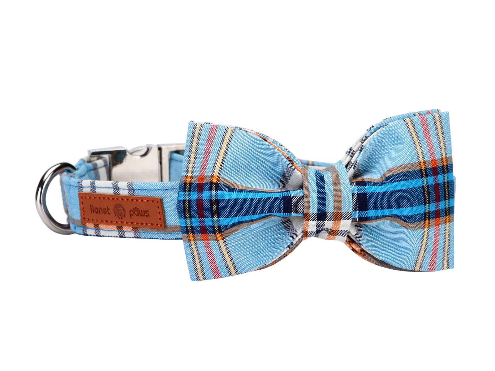 Lionet Paws dog collar shown from the front with its blue plaid bowtie attached.
