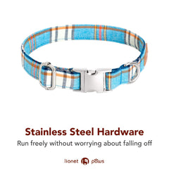Lionet Paws dog collar close-up highlighting the blue plaid bowtie.
