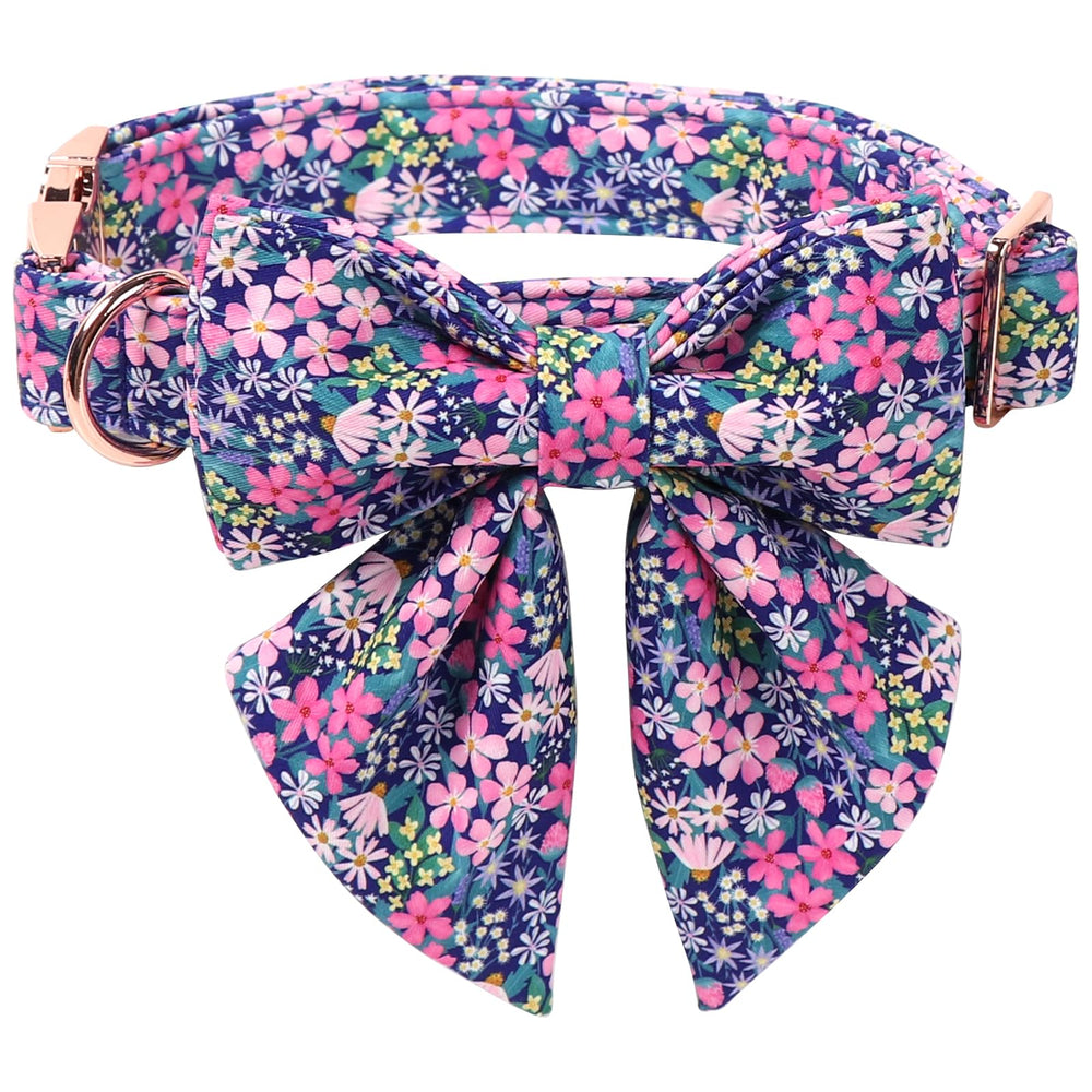 Lionet Paws floral dog collar shown from the front with its sailor bow attached.