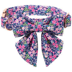 Lionet Paws floral dog collar shown from the front with its sailor bow attached.
