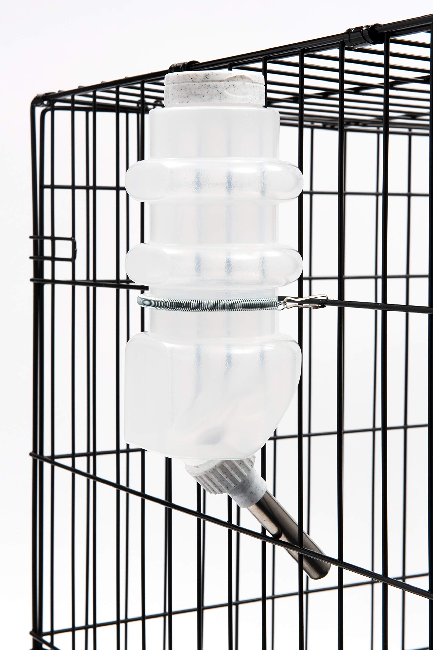 Lixit dog water bottle mounted on the outside of a crate.