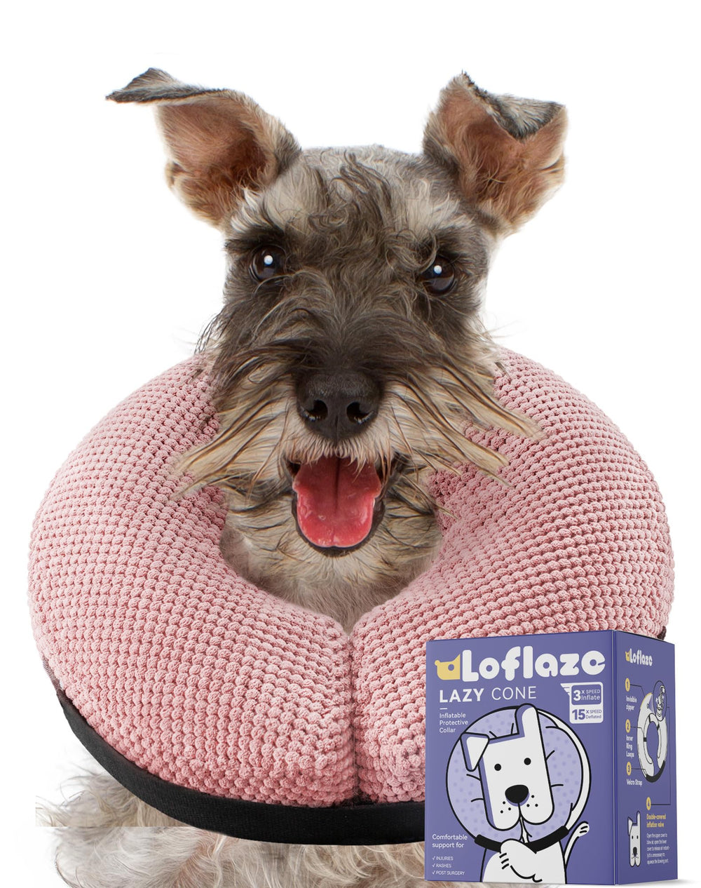 Loflaze inflatable dog collar shown from the front in pink.