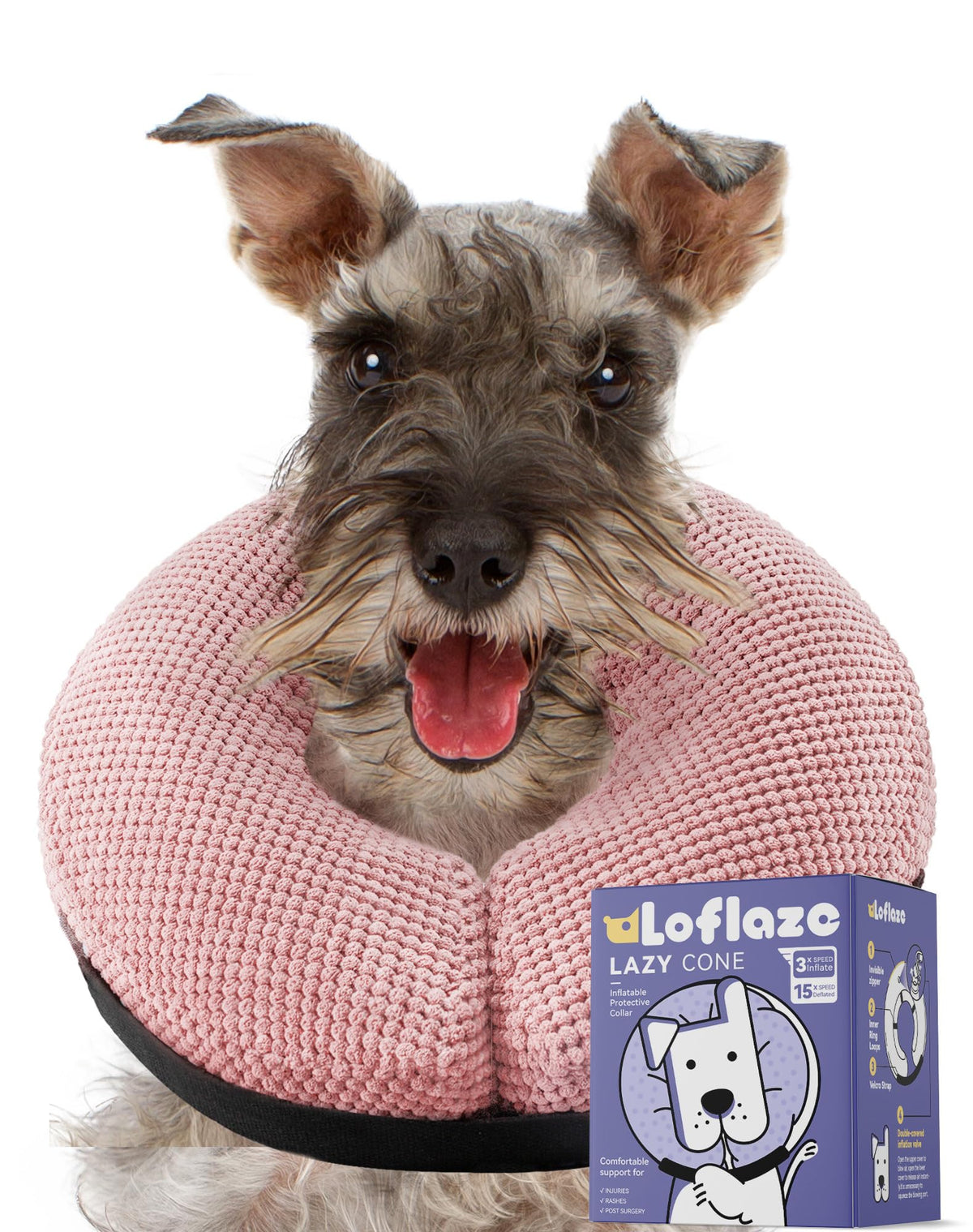 Loflaze inflatable dog collar shown from the front in pink.