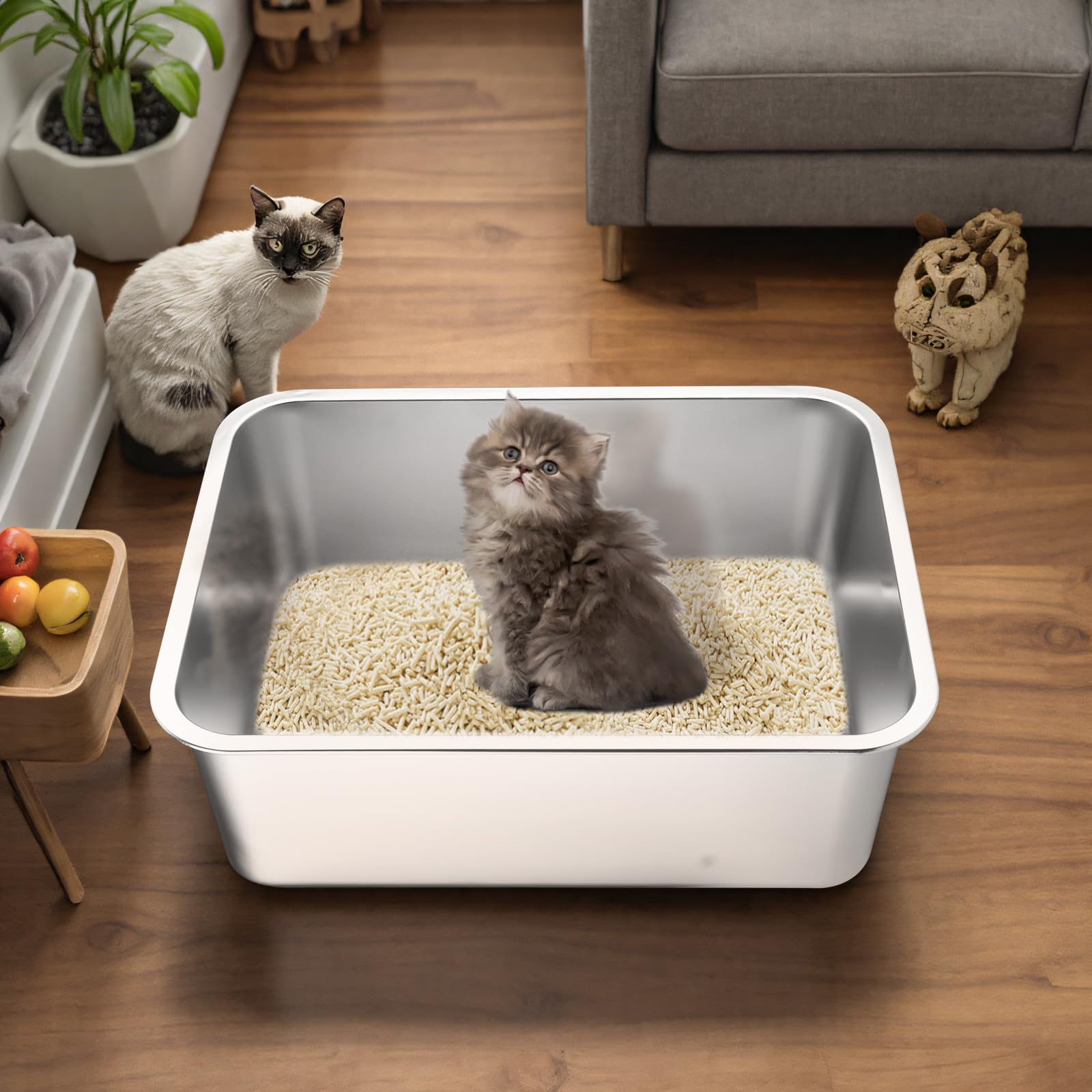 LOPYK stainless steel cat litter box shown in use by a cat.