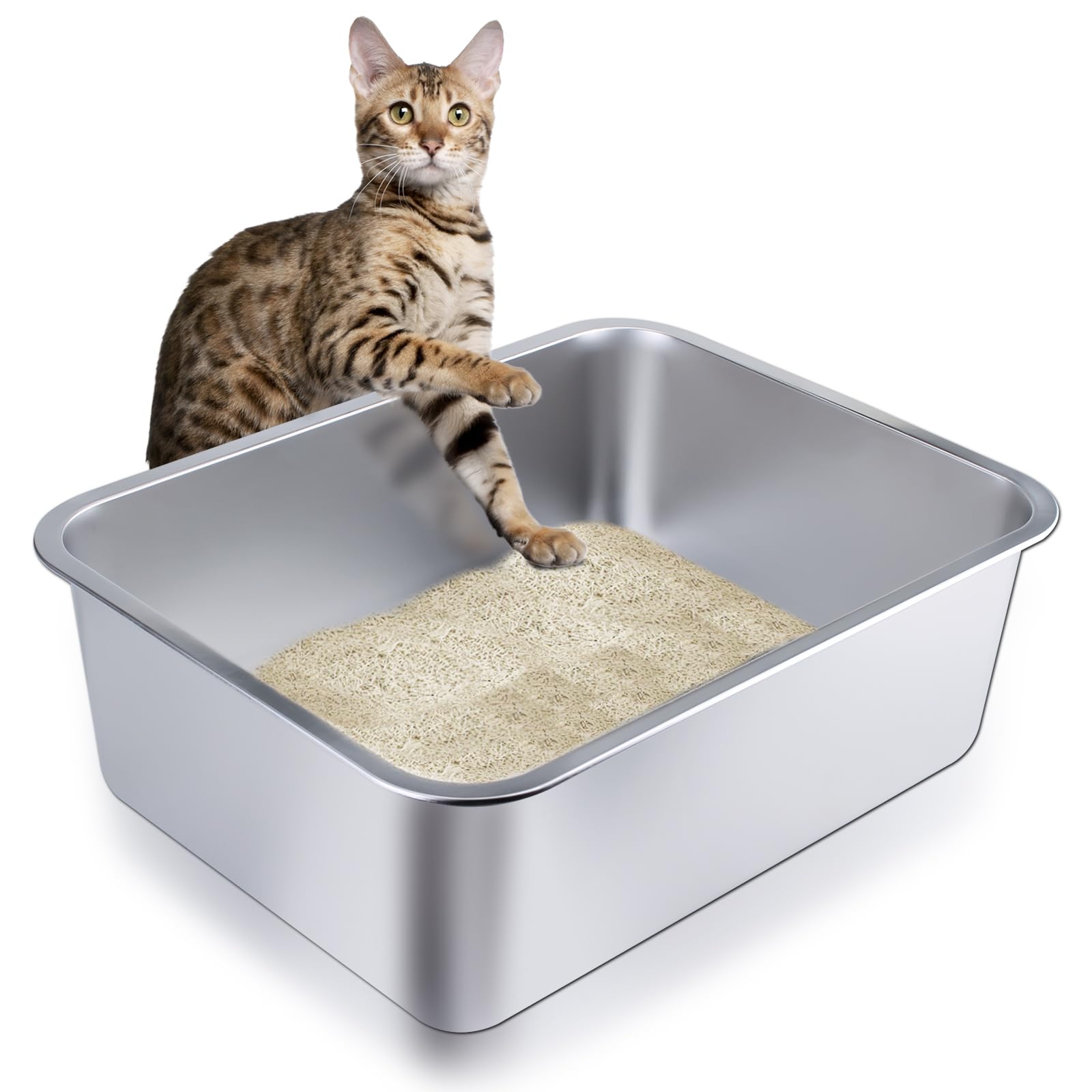 LOPYK stainless steel cat litter box shown from the front.