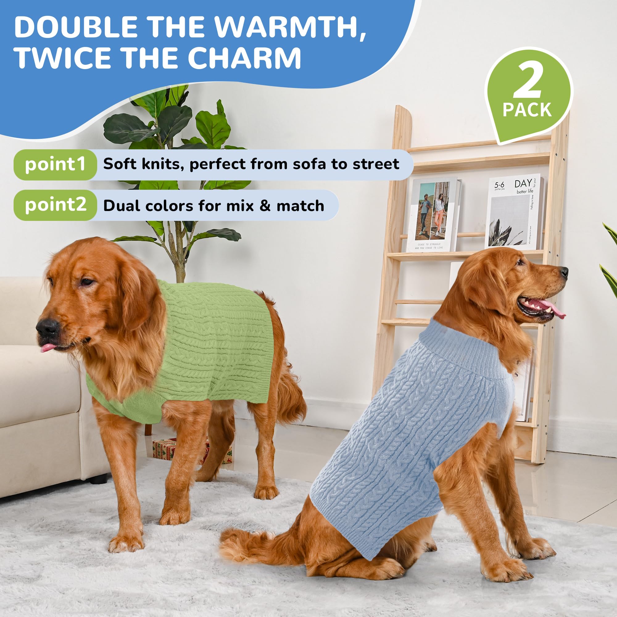 Lorehelina dog sweater set in blue and green.
