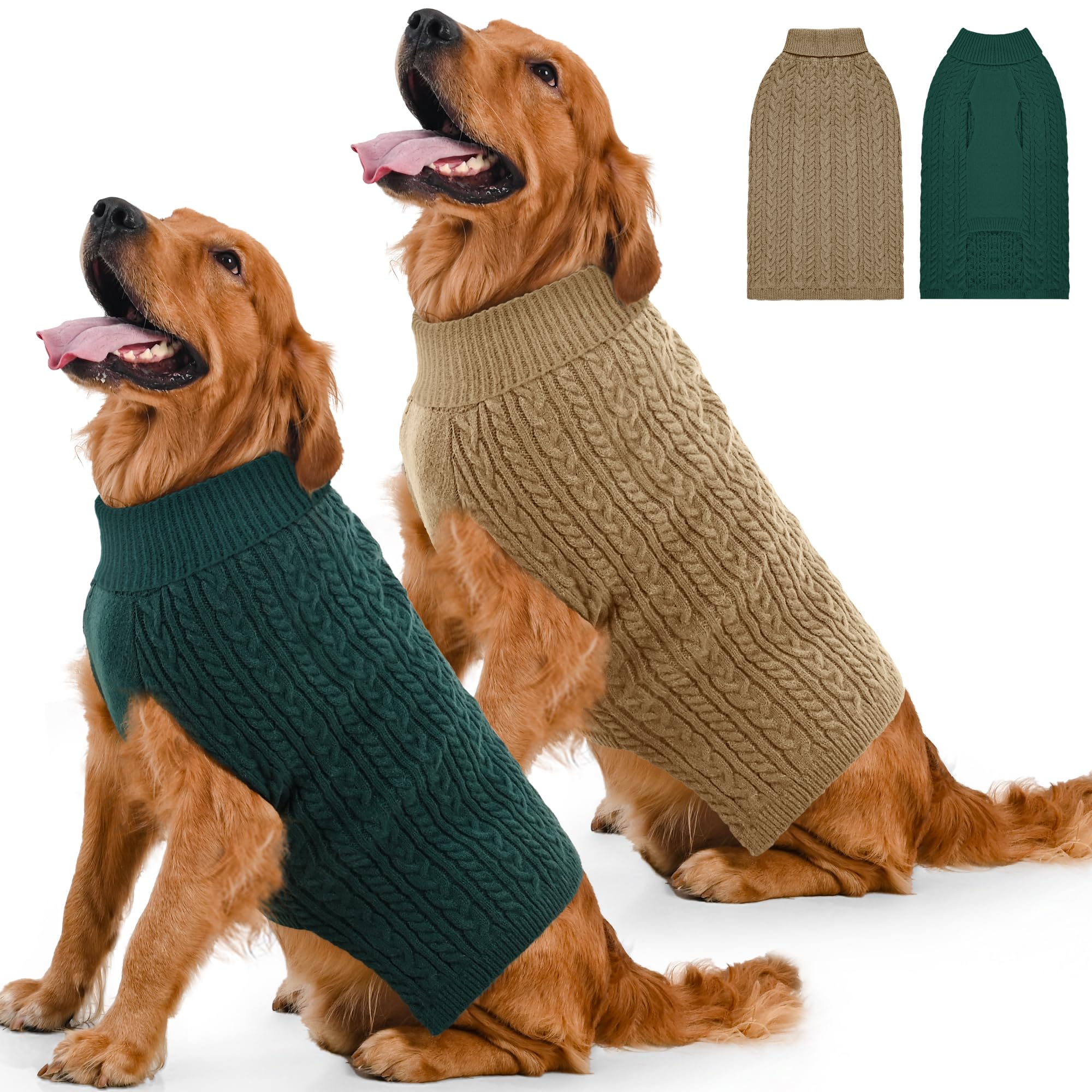 Lorehelina dog sweater pair shown from the front in green and brown.