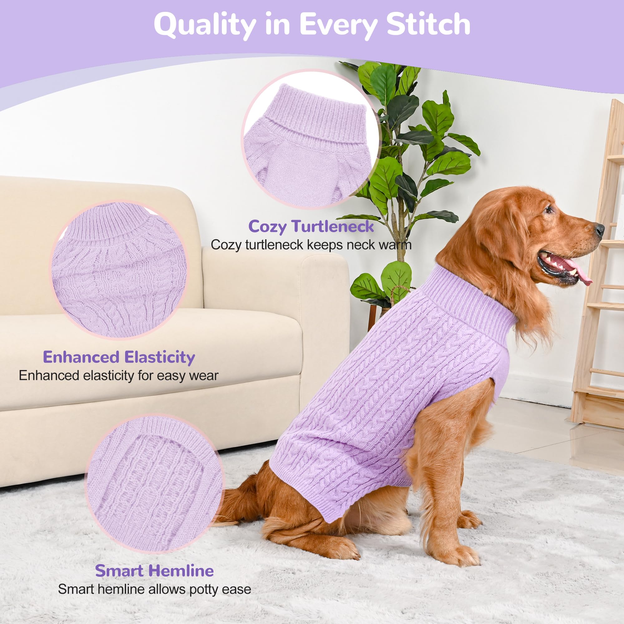 Lorehelina dog sweater showing the turtleneck neckline.