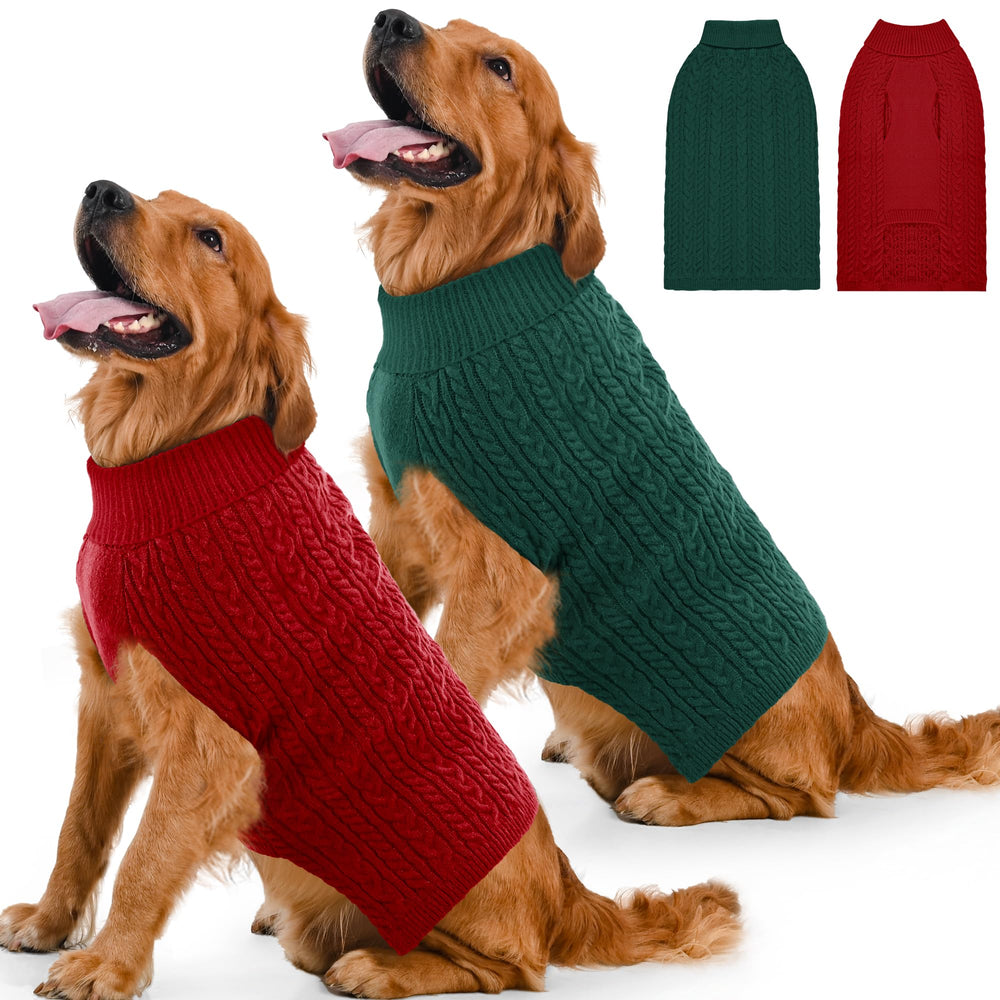 Lorehelina dog sweater two-pack shown from the front in red and green.