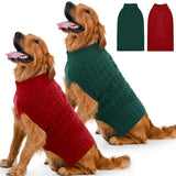 Lorehelina dog sweater two-pack shown from the front in red and green.