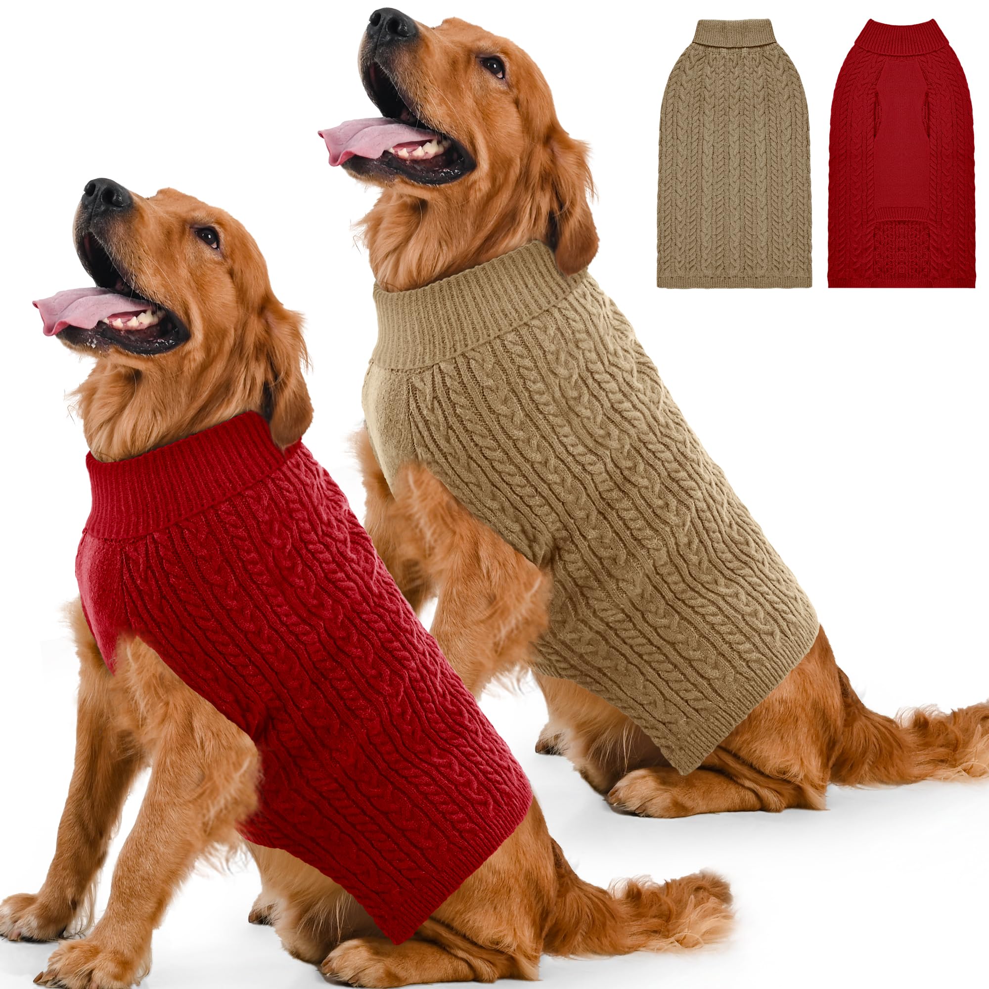 Lorehelina dog sweater two-pack shown from the front in red and brown.