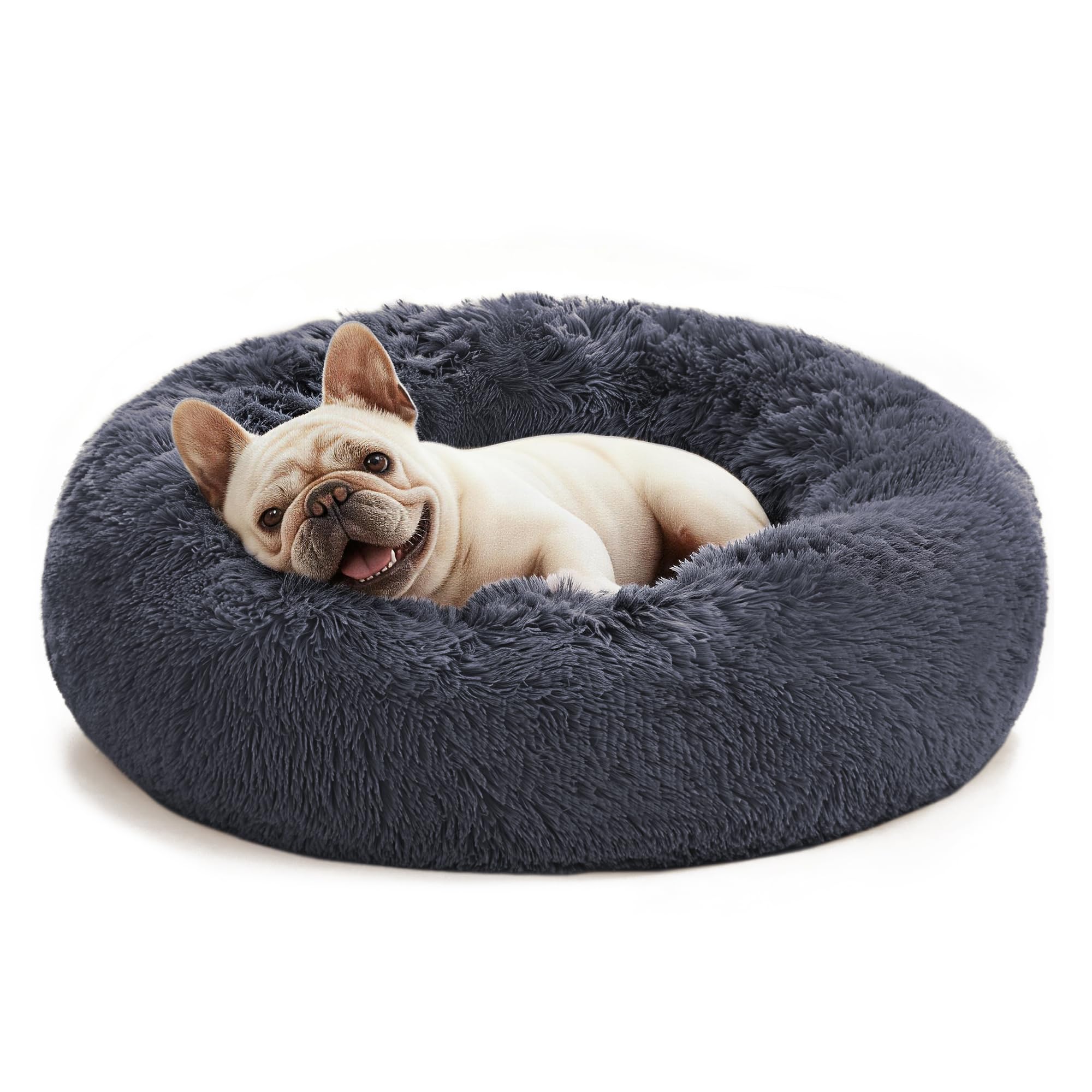 Love's cabin cat bed shown from the front in bluish grey.