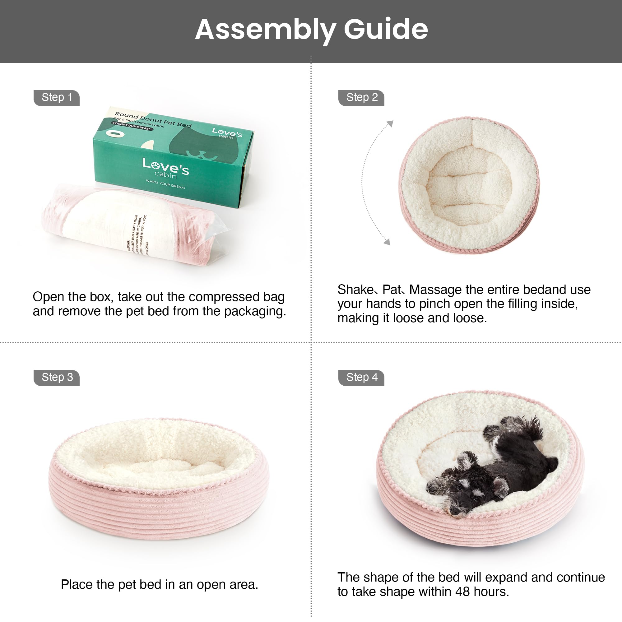Love's cabin donut pet bed in its light pink color.