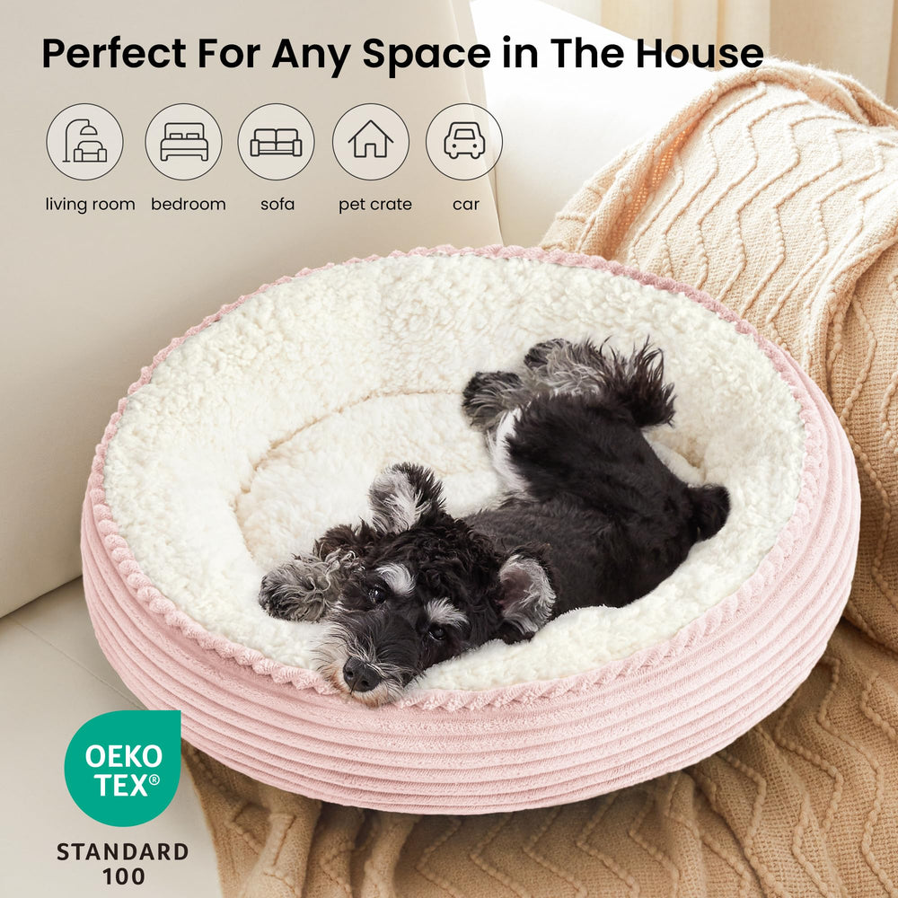 Love's cabin donut pet bed shown from above to display its round shape.