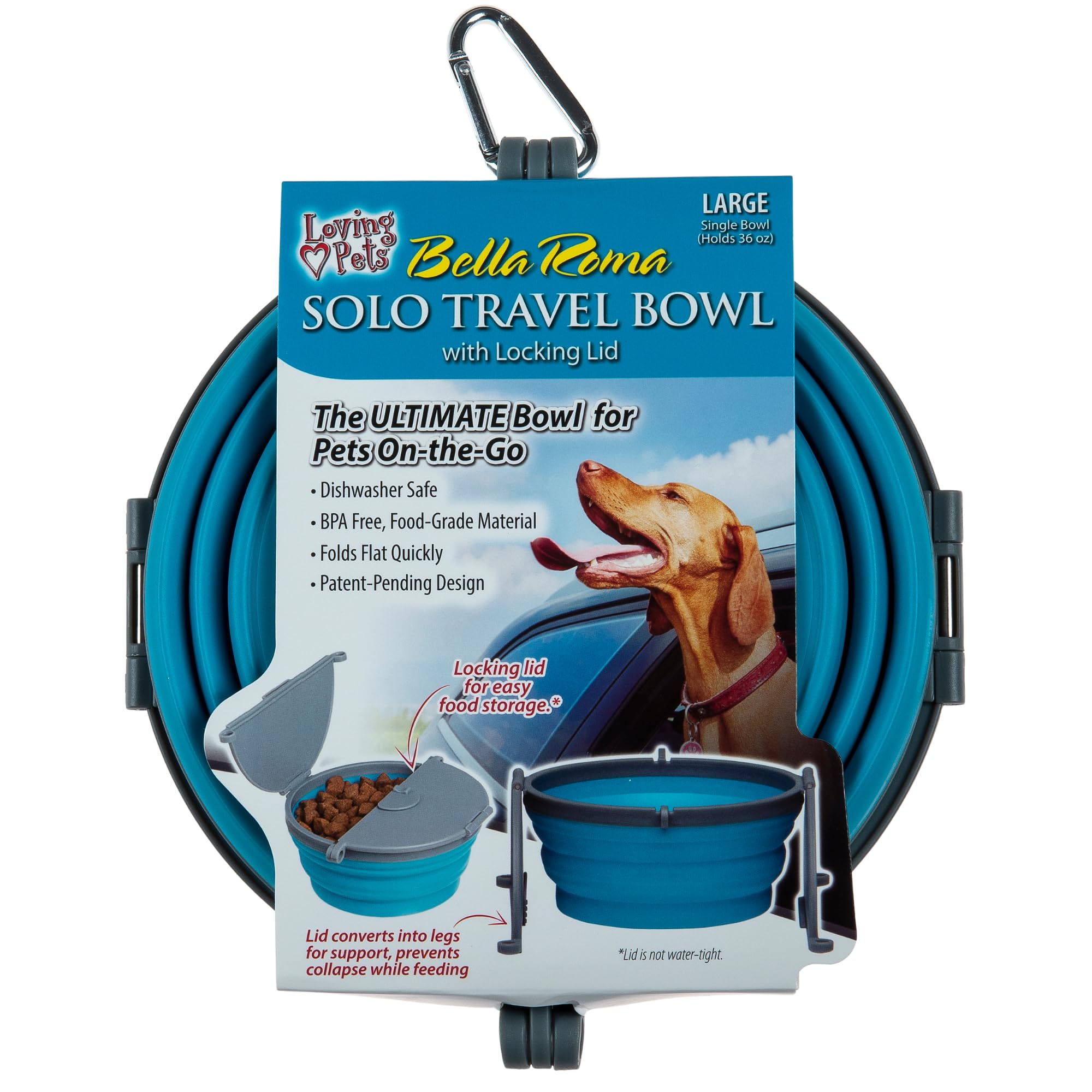 Loving Pets Bella Roma collapsible dog bowl shown from the front in blue.