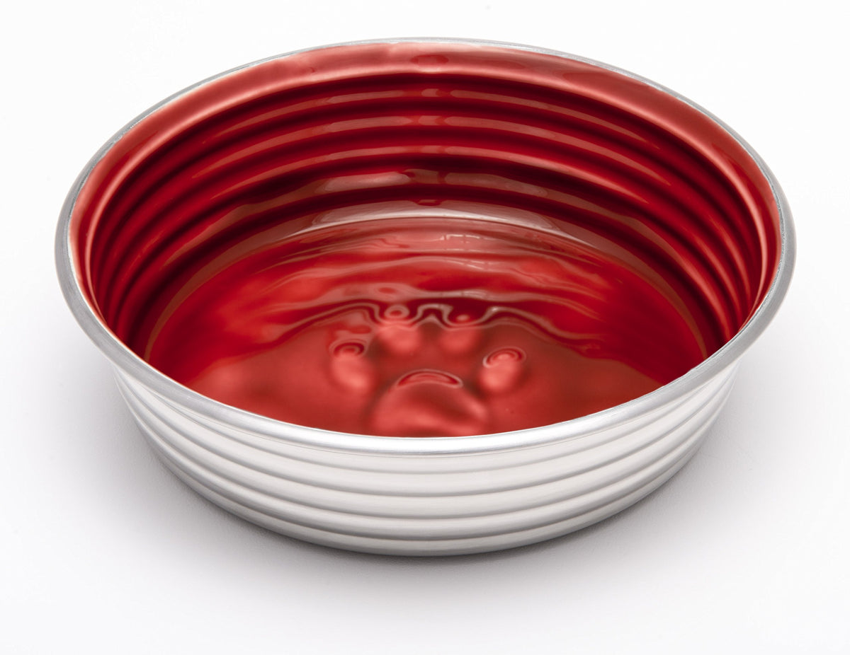 Loving Pets Le Bol dog bowl in Bordeaux, shown from the front with its ribbed sides.