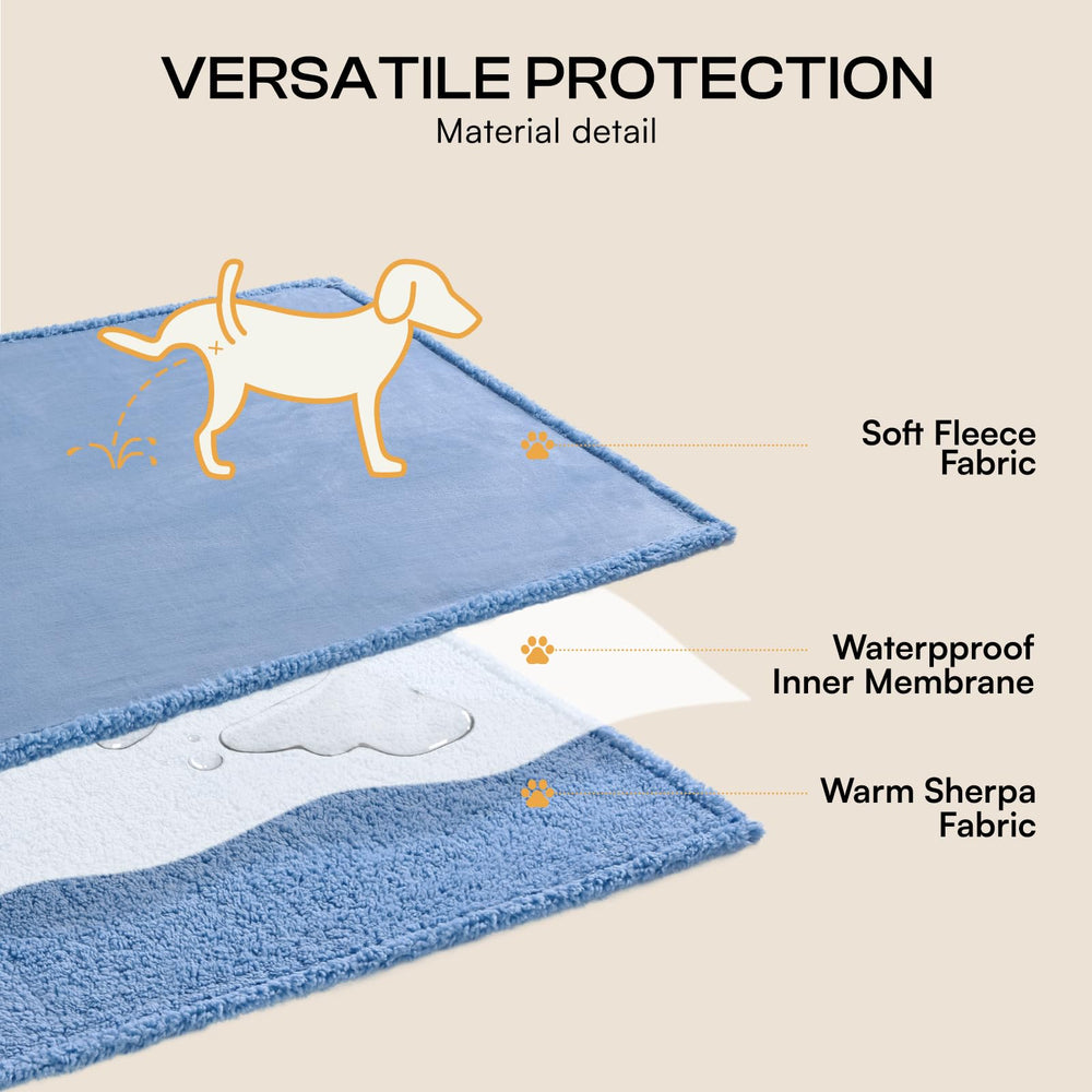 Luciphia waterproof dog blanket with its fleece, lining and Sherpa layers.