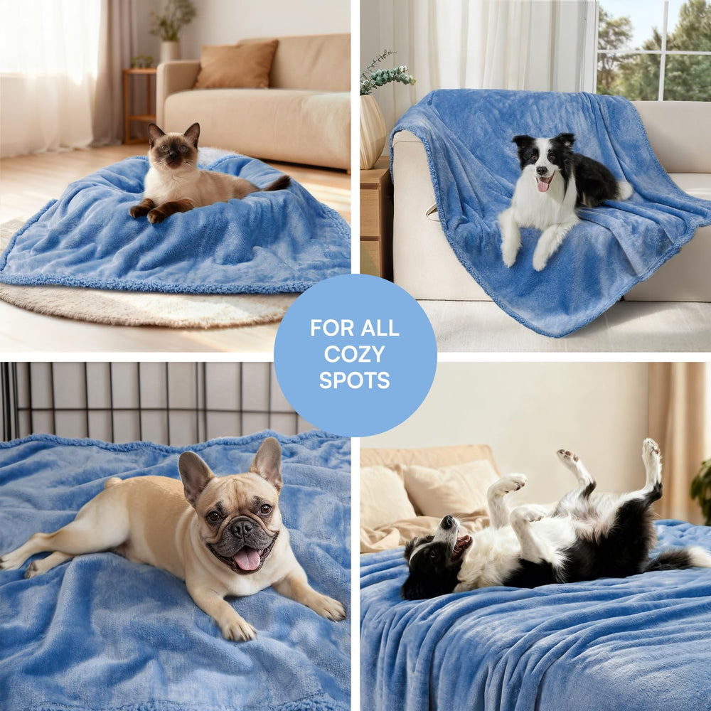 Luciphia waterproof dog blanket laid over a bed.