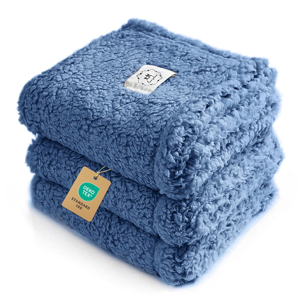 Luciphia pet blanket shown from the front in haze blue.