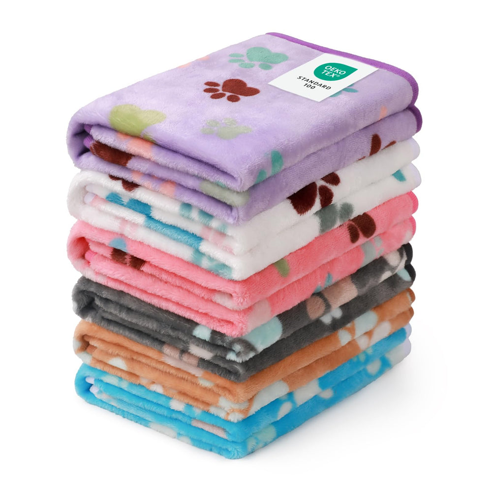 Luciphia pet blankets shown as a six-piece pack with the paw print design.