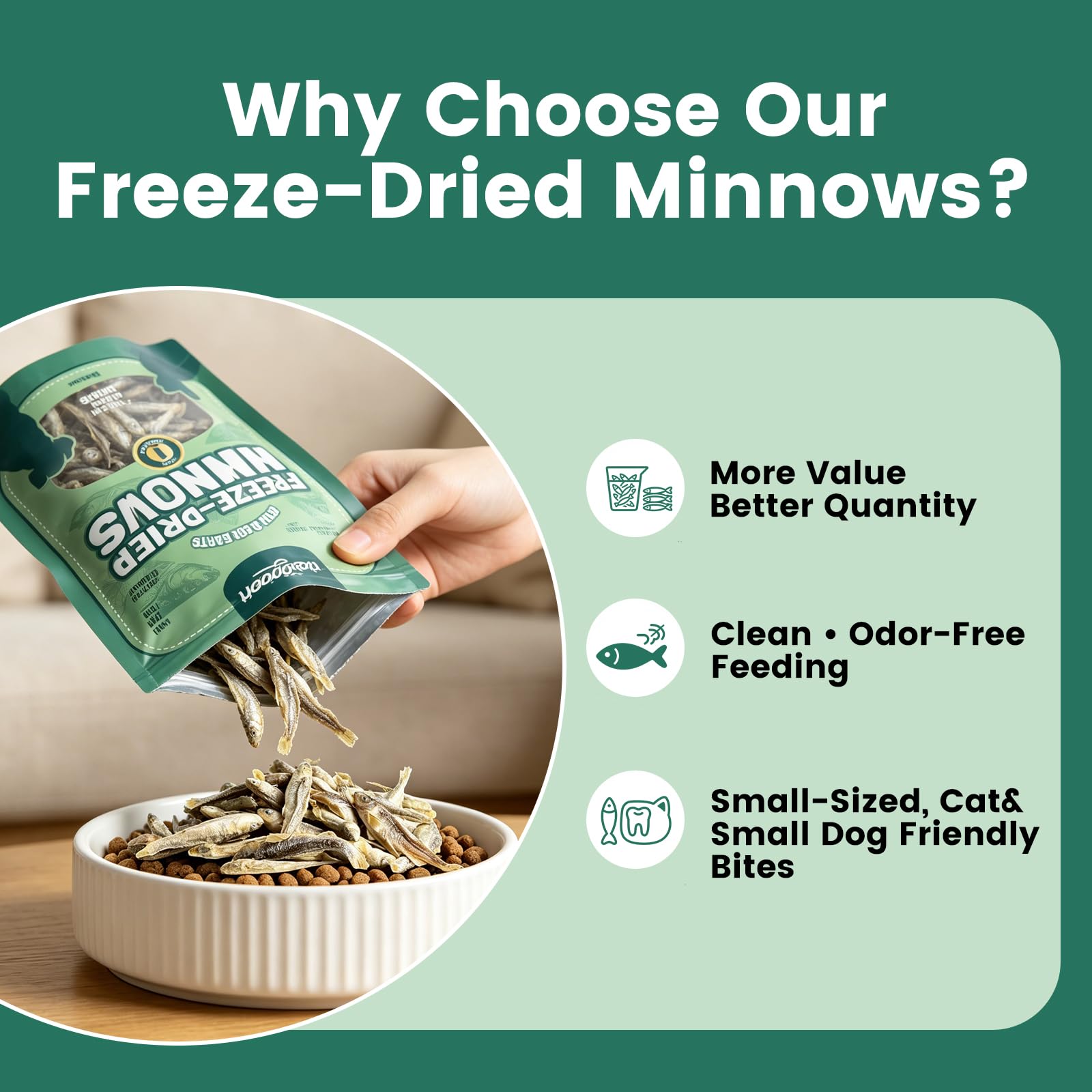 LuckyQworms minnow treats shown with their nutritional information.