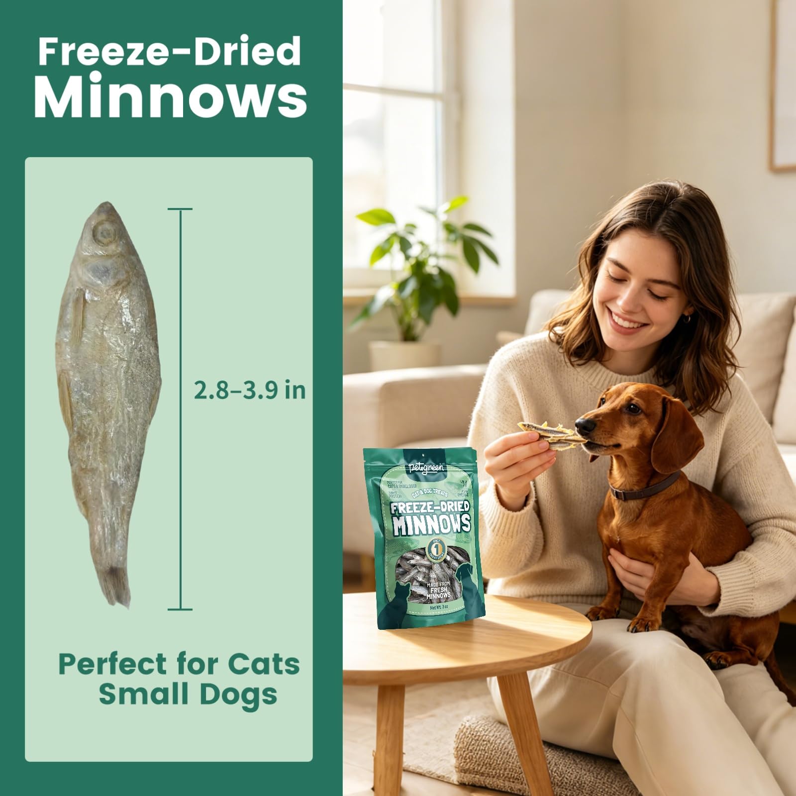 LuckyQworms minnow treats shown to highlight their single-ingredient recipe.
