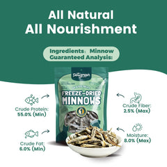 LuckyQworms minnow treats shown as whole freeze-dried minnows.