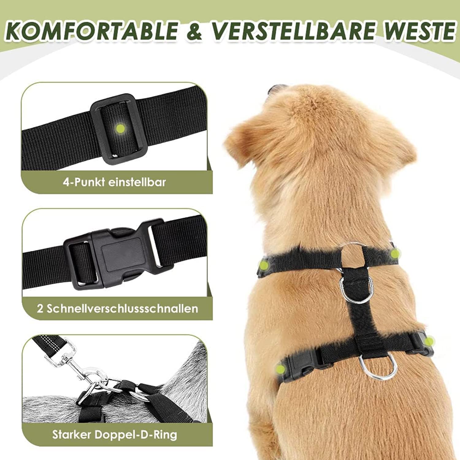 Lukovee dog car harness detail showing its adjustable neck and chest straps.