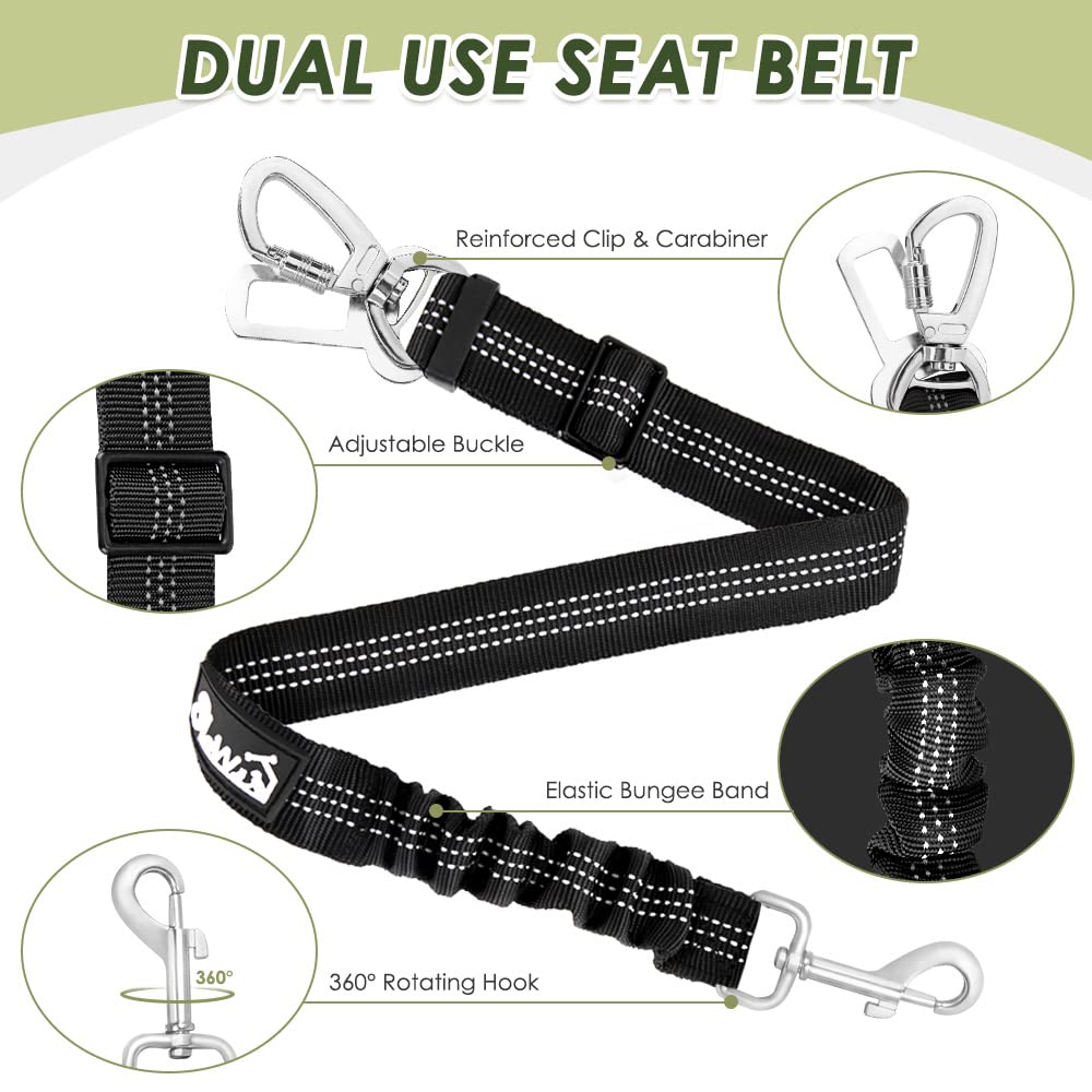 Lukovee dog car harness seat belt connector for vehicle restraint points.