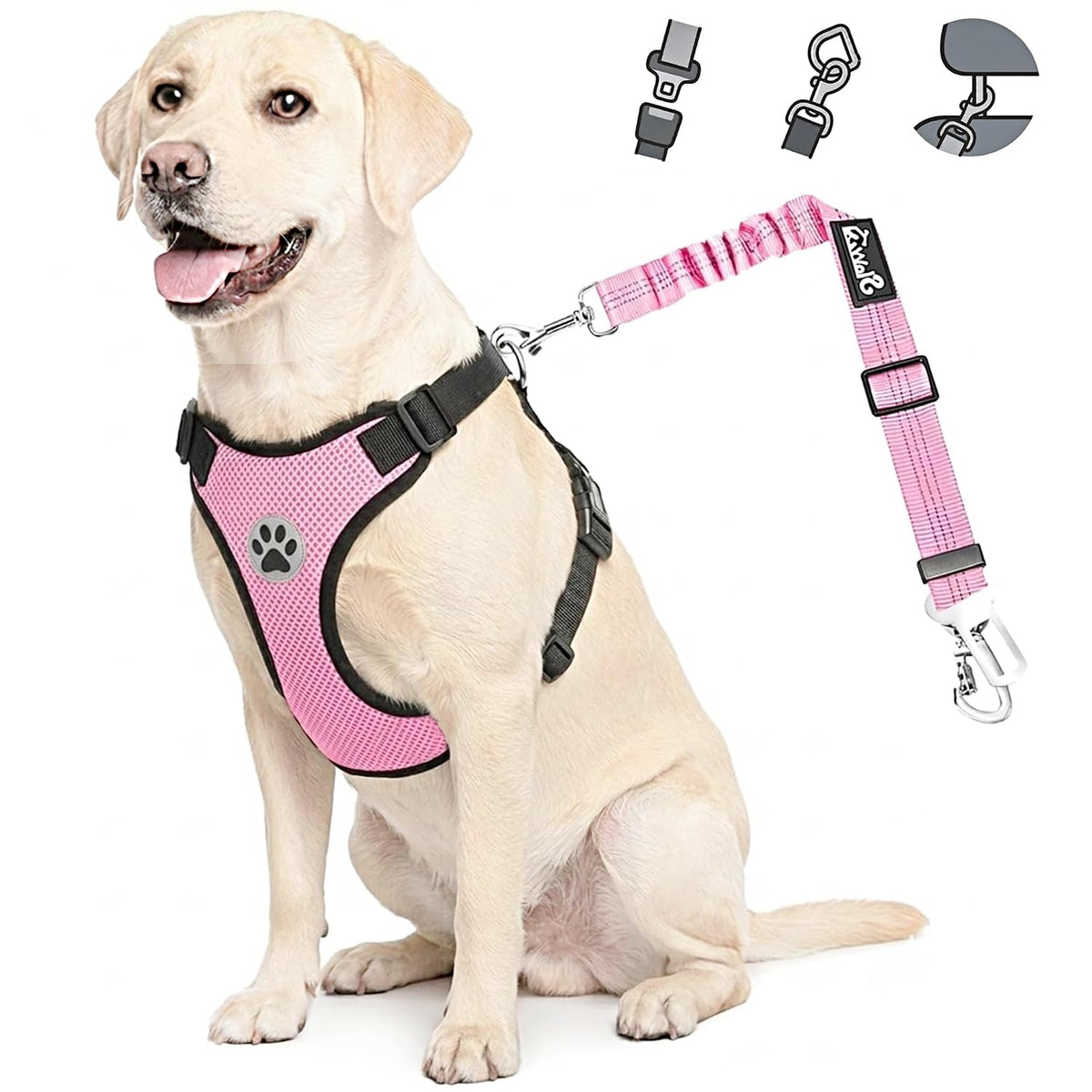 Lukovee dog car harness seat belt set shown from the front with its vest and tether.