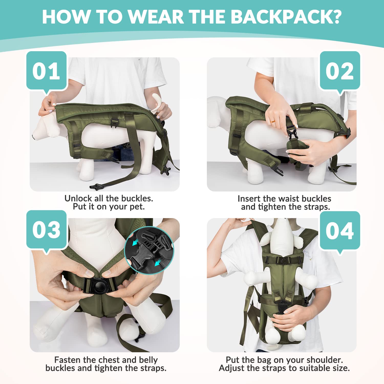 Lukovee Dog Backpack Carrier fit guide showing dog measurement points.