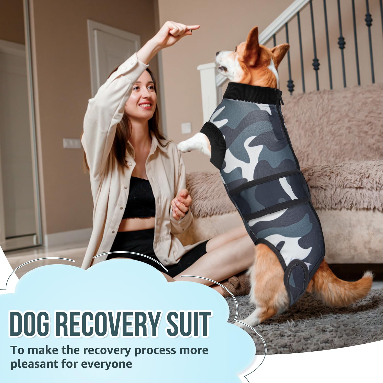 Close-up of the breathable, stretchable fabric on the Lukovee dog recovery suit.
