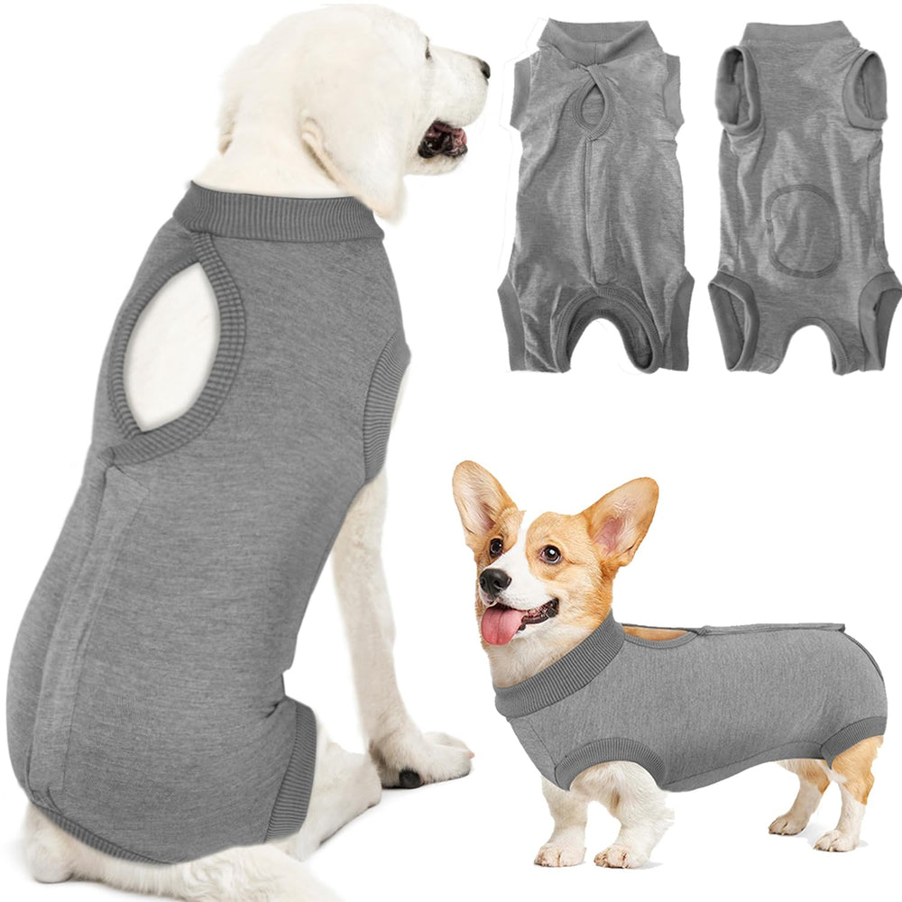 Lukovee dog recovery suit shown from the front.