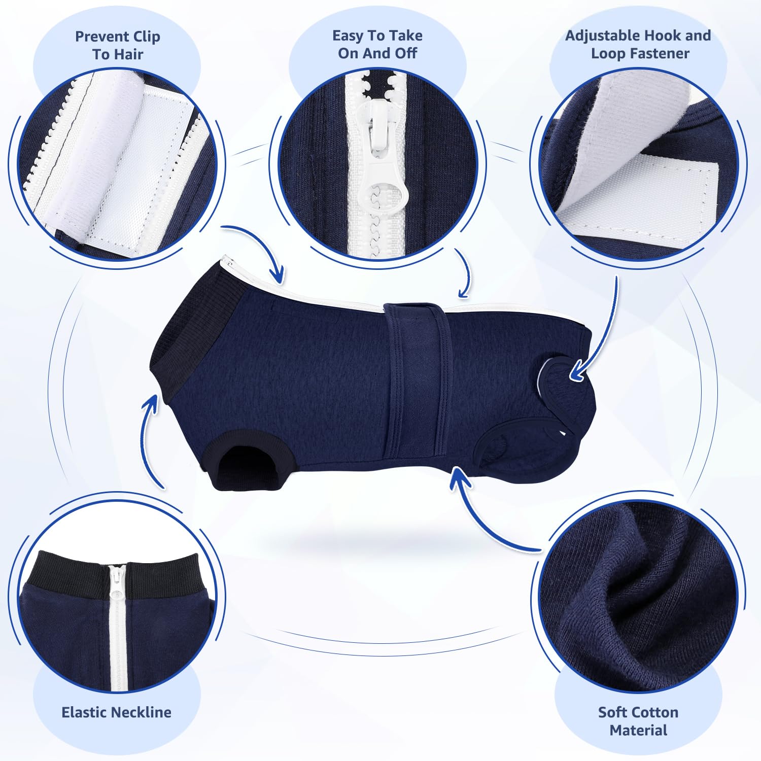 Lukovee dog recovery suit zipper detail with protective lining.